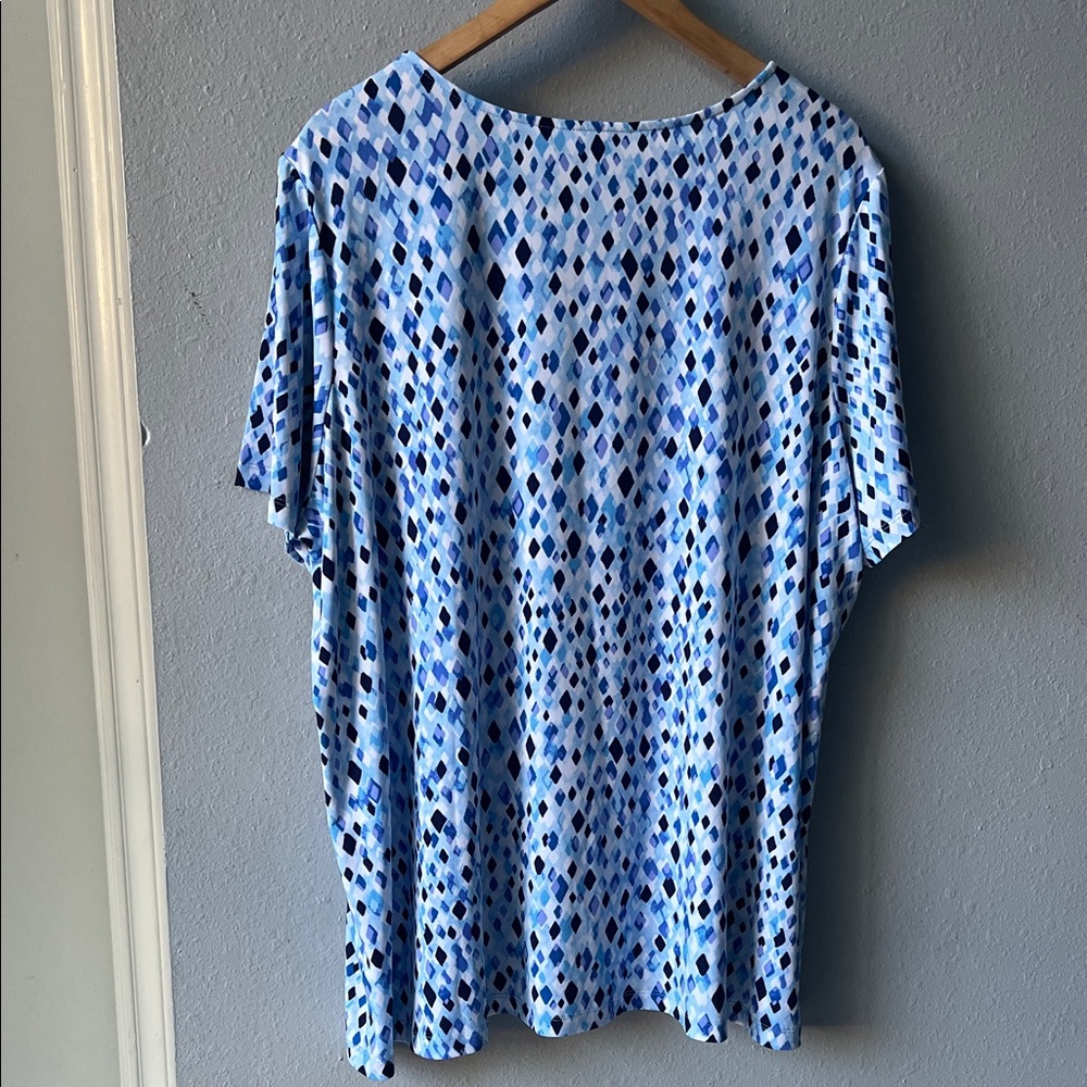 Susan Graver Blue and White Geometric Blouse - Picture 4 of 5